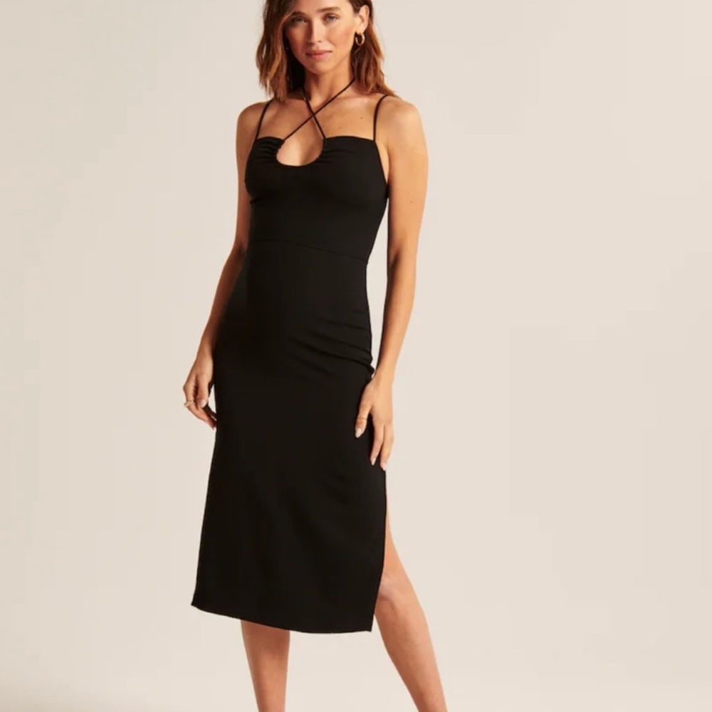 NWT Abercrombie & Fitch black strappy halter midi keyhole dress